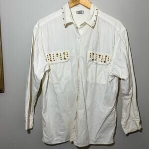 Vtg 90s Studded Western Button Down Shirt White Cotton Oversized Workwear Medium